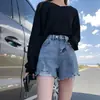 Shorts de Mezclilla Negros para Mujer, Nuevo Estilo Veraniego, Rasgados, de Cintura Alta, Moldeadores de Piernas, Hot Pants de Corte A, Estilo Coreano Trendy Ins