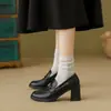 En Stock~ Zapatos Pequeños de Cuero Estilo Británico con Tacón Alto y Grueso para Mujer, Nuevos Mocasines de Primavera 2025 para Mujer, Zapatos Slip-On de Piel de Oveja