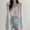 Chic Coreano Elegante Cuello en V Hombros Descubiertos Holgado Perezoso Versátil Casual Protección Solar Color Sólido Manga Larga Tejido de Punto Top para Mujer
