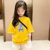 Camiseta de Manga Corta de Algodón Puro para Niñas, Top de Ropa Infantil de Dibujos Animados Moderno y a la Moda, Camiseta Casual Versátil de Cuello Redondo para Bebés Niñas, Manga Media