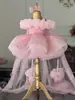 Vestido de Princesa con Hombro Descubierto y Flores 3D para Niñas, Vestido de Lentejuelas con Tul Abullonado, Modelo Pasarela Atuendo de Performance Infantil Niños