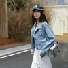 Estoque novo Liu Haocun mesmo estilo conjunto estilo Hong Kong cintura alta moderno curto jaqueta jeans em camadas de algodão