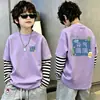 Camiseta de Manga Larga con Parches Rayados para Niños, Falsa Dos Piezas, Capa Base de Algodón Puro, Primavera Otoño 2026 Nuevas Llegadas, Ropa para Niños Medianos y Grandes