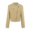 Chaqueta de trabajo retro estilo motociclista para mujer, colección otoño 2026, estilo americano, cuello alto, hombro recto, cierre de cremallera, abrigo ajustado