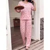 Ropa de casa transfronteriza europea y americana más vendida, conjunto de pantalones largos de manga corta con cuello redondo y estampado de cerezas de talla grande, se puede usar fuera como pijama tipo suéter