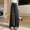 Calça feminina de verão solta casual de perna reta cintura alta com caimento e detalhes em strass, feita de seda gelada para proteção solar.