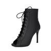 Cuero Genuino Tacones Altos de Jazz Sexy con Cordones Boca de Pez Tacones de Aguja Botines Cortos Zapatos de Baile Latino Suela de Piel Talla Grande