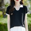 Polo de Lana de Seda Cuello Negro Moda Estilo Coreano Versátil Gris Tejido Hombro Derecho Top de Manga Corta