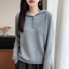 Suéter de tricô com capuz novo para outono e inverno, 100% lã pura feminina, de manga comprida, abotoado, espessado, de corte justo, com barra canelada