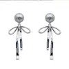 Versátiles Pendientes Grises de Lazo con Diamantes y Perlas para Mujer, Pendientes de Lujo Ligero y de Alta Gama, Pendientes Largos de Borla con Circonitas