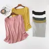 Otoño 2021 Estilo Coreano Casual Holgado Camiseta Básica para Mujer Camiseta de Manga Larga con Cuello en V para Mujer Top de Capa Interior para Mujer Color Sólido Nuevo Estilo