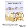 Conjunto de 6 pendientes vintage dorados con incrustaciones geométricas francesas de perlas y estilo transfronterizo europeo y americano.