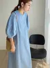 Fotos Reales en Stock: Estilo Retro Francés Suave, Vestido Holgado de Manga Abullonada de Nicho, Vestido de Longitud Media Ops para Mujer