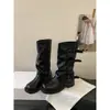 Hebilla de Cinturón Botines de Suela Gruesa para Mujer, Diseño de Nicho Otoño e Invierno, Botas de Caña Media Fruncidas, Botas Altas de Tacón Grueso