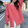 Suéter Rosa Novo Solto Macio de Outono e Inverno com Fenda Estilo Preguiçoso Tricô de Gola Redonda Feminino Top Casual da Moda
