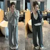 Calça pantalona listrada de cor contrastante para mulheres, novo estilo outono 2026, cintura alta com cordão, corte reto solto casual emagrecimento calça macia