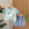 Traje de Manga Corta para Cachorro de Dibujos Animados a Rayas de Colores para Niños 2025 Nuevo Verano para Niños Delgado Estilo Coreano Lindo Conjunto Moderno de Dos Piezas