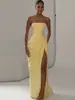 Vestido Longo de Verão Feminino Tubinho de Cetim Mature Estilo Francês com Cintura Marcada por Pregas e Fenda Alta Slim