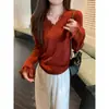 Top de punto sexy con V y manga larga, con encaje en contraste, para mujer, primavera y otoño 2025, camiseta básica única y sutilmente elegante