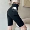 Pantalones Tiburón Delgados de Verano para Mujer Ropa Exterior Cintura Alta con Bolsillo para Ocultar el Vientre Leggings de Cinco Puntos Leggings de Yoga Moldeadores de Cadera