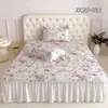 Juego de Tres Piezas de Alfombrilla de Seda de Hielo Clase A para Enfriamiento de Verano, Lavable a Mano y en Máquina, Estilo Falda de Cama Estampada Estilo Francés, Alfombrilla para Aire Acondicionado, Rosa
