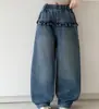 Ropa Infantil Estilo Coreano 2026 Otoño Nuevas Llegadas Jeans Rectos Desgastados con Encaje y Volantes para Niñas Pantalones Casuales Femeninos para Niñas