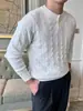 Tricô Estilo Preguiçoso Coreano com Gola Henry para Homens, Temporada de Primavera e Outono, Tricô de Tranças Tridimensional, Suéter Macio e Liso de Manga Longa para Homens