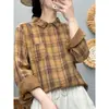 Camisa de Cuadros de Gasa de Doble Capa Teñida en Hilo Estilo Primavera y Otoño para Mujer, de Manga Larga, Holgada, Versátil, Top Casual para Poner en Capas