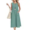 Comércio Exterior Transfronteiriço Europeu e Americano Amazon Site Independente Vestido Casual Casual Feminino Cor Sólida Gola Redonda Sem Mangas Bolso