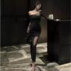 Vestido de Ombro Inclinado em Malha Ligeiramente Transparente com Glitter Fino Novo Outono Estilo Puro Desejo Celebridade Look Emagrecedor Saia Longa Justa ao Quadril