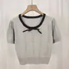 Top de Punto Dulce con Lazo Estilo Coreano 2025 Nuevo de Manga Corta para Verano Hueco Camiseta Básica Corta Ajustada