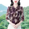 Foto Real de la Nueva Camisa Estampada de Verano 2025 Estilo Francés que Reduce la Edad con Mangas Tres Cuartos para Mujer, Talla Grande y Estilo Occidental