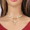 Joyería Transfronteriza Europea y Americana Moda Perla Diamante Colgante de Cruz Lujo Ligero Todo Combinable Collar para Mujer Fotografía Callejera