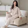 Conjunto de Pijama de Mujer Grueso Suave Medio Terciopelo Otoño e Invierno Cardigan con Solapa Manga Larga Cálido Coral Fleece Ropa de Casa