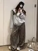 Calça larga estilo retrô americano com estampa de leopardo, nova coleção de outono, cintura alta, caimento solto, calça comprida casual, perna reta relaxada, design até o chão
