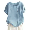 Camiseta Casual de Algodón y Lino para Mujer, Manga Corta, Cuello Redondo, Botones, Estilo Europeo y Americano, para Vacaciones y Calle, 2024