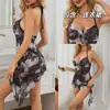 Camisola Sexy Azul com Estampa de Leopardo de Verão Sem Mangas Vestido Camisola Saia Curta para Mulheres Estilo Coreano Revelando a Clavícula