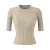Top Delgado Elegante de Manga Media de Verano de Alta Gama Camisa de Punto Redonda Retro Francesa Camiseta de Media Manga para Mujer