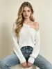 Suéter de punto calado con hombros descubiertos y rotos estilo europeo y americano transfronterizo para mujer, primavera y otoño, ajuste holgado casual, cuello redondo, top pullover de manga larga