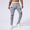 Jeans Masculino Stretch Quatro Estações Bordado Bombado Costurado Estampa Rasgada Moda Europeia e Americana TM226 Azul Cinza