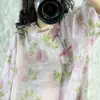 Vestido de Linho Rosa Estampado Estilo Artístico de Verão Gola Diagonal Abotoado Novo Estilo Nacional Redutor de Idade