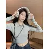 Camiseta Polo de Manga Corta Ajustada para Mujer, Top Base Otoñal Dulce y Picante Gris, Top de Manga Larga Ajustado para Chicas Atrevidas