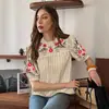 Ropa de Mujer Transfronteriza Europea y Americana de Amazon Estampado Floral Retro Cuello de Encaje Manga Abullonada Raya Vertical Camisa Adelgazante