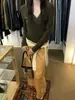 MZI STUDIO Otoño Estilo Coreano Dulce y Versátil Adelgazante Ribete de Encaje Jersey Camiseta de Manga Larga con Cuello en V 13567