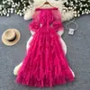 Vestido Rosa de Malla Dulce y Lindo para Mujer en Verano, Mangas Abullonadas de un Hombro, Vestido Largo de Cintura Alta Corte A, Estilo Hada