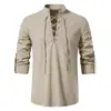 2024 Amazon Camisa Henley Masculina de Manga Longa com Cadarço e Decote em V Cor Sólida Algodão Linho Solta Casual Camisa de Colarinho Masculina