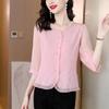 Camisa de chiffon de cor sólida feminina manga três quartos 2022 verão e outono novo emagrecimento solto olhar cobrindo a barriga top camisa pequena da moda