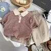 Conjunto de Verano para Niños, Conjunto Casual a Rayas de Manga Corta con Cuello Campana, Elegante Top de Manga Corta con Pantalones de 7/8 para Niños Pequeños