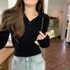 Tops de Tricô Estudantis para Mulheres, Novo Estilo Outono e Inverno 2025, Gola Polo, Botões, Manga Longa, Suéter Curto para Camadas