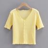 Estilo coreano estilo preppy verão 2021 novo feminino cor de doce gola V orelha de madeira manga curta camiseta